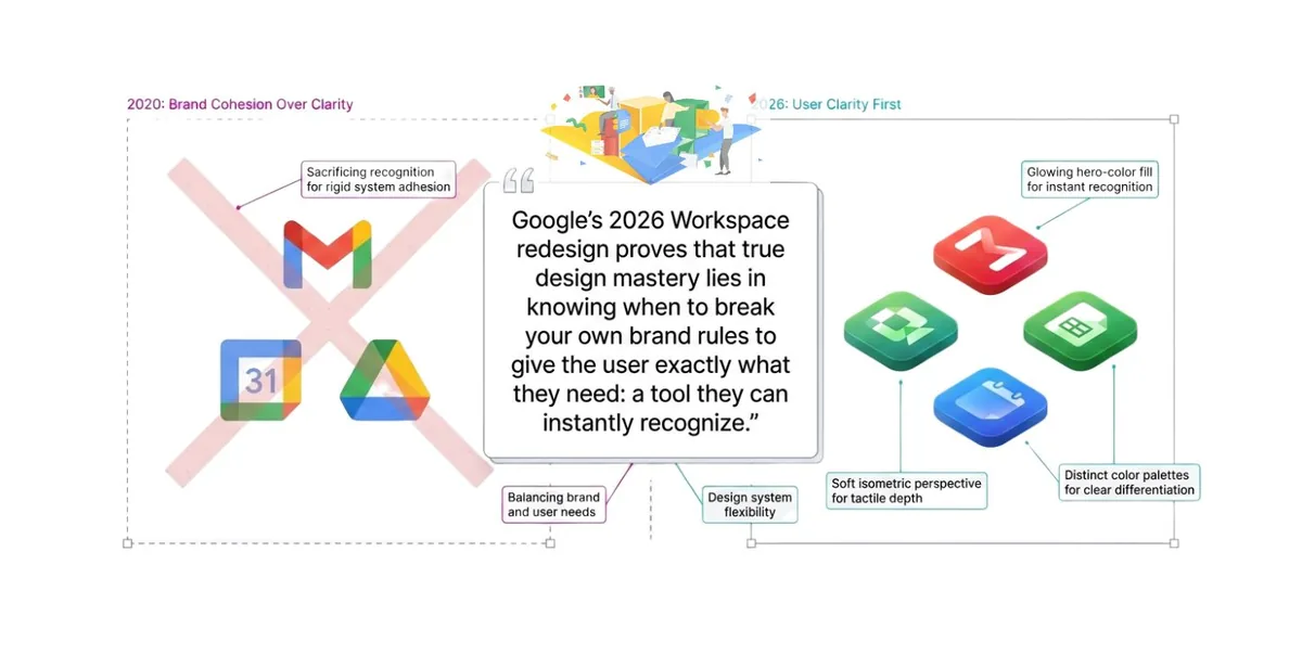 Infographic summarizing the 2026 Workspace redesign: the old four-color icons crossed out beside the new gradient icons with distinct colors